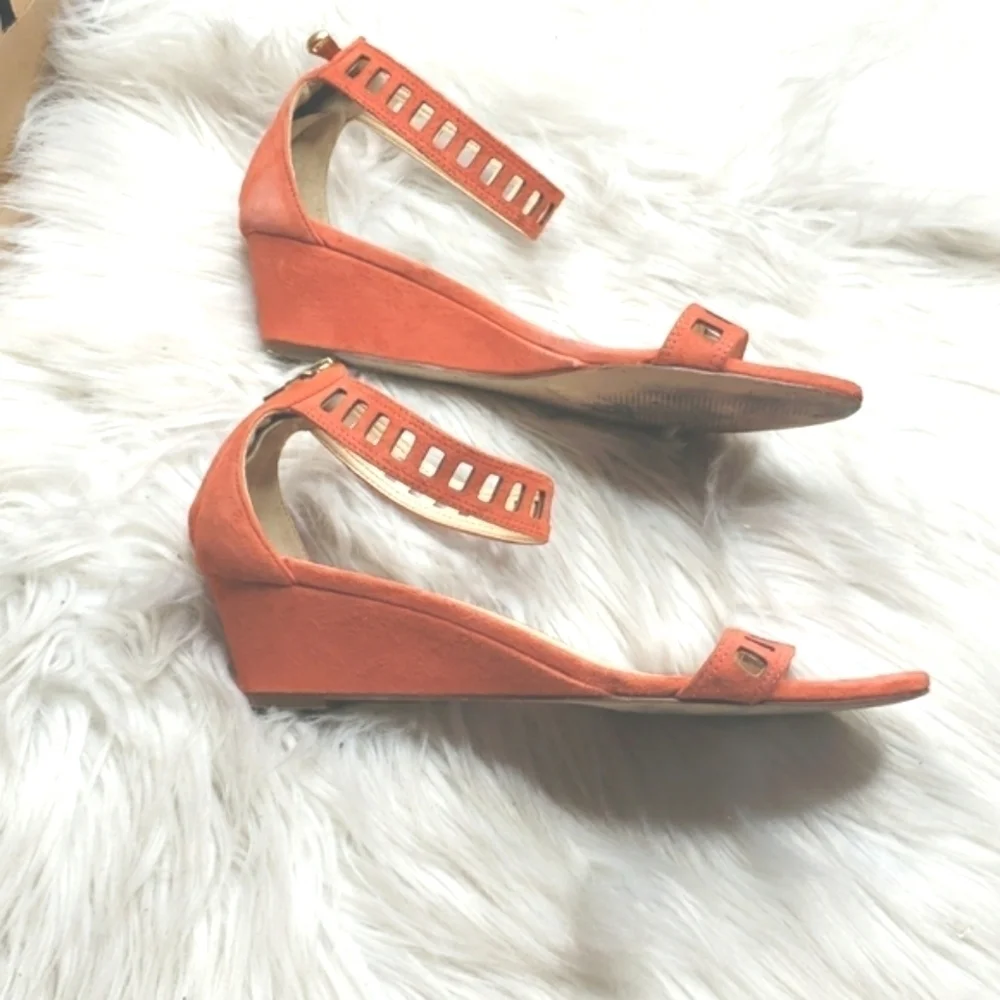 J.CREW Orange Suede Ankle Strap Zip Lillian Low Mini Wedge Sandals 6